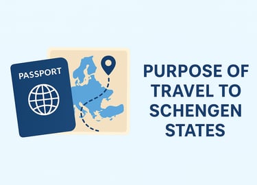 Illustration showing a passport and Europe map with a travel route icon, representing the purpose of