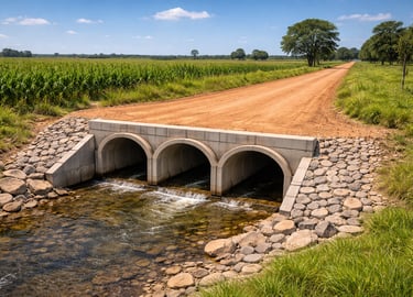 Bueiro tubular de concreto em estrada rural de Mato Grosso com drenagem de água sob estrada de terra