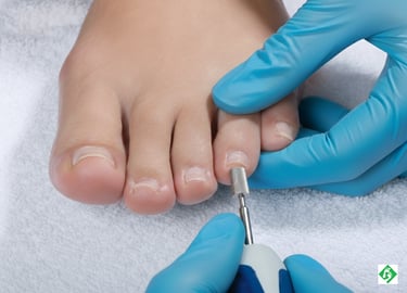 Professional podiatrist using an electric nail file for medical pedicure on a patient's toenails.
