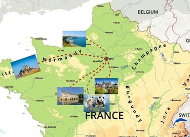Map of France with highlighted routes from Paris to Normandy, Loire Valley and major attractions