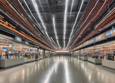 Technician installing electrical wiring at a large commercial substation under clear blue skies.