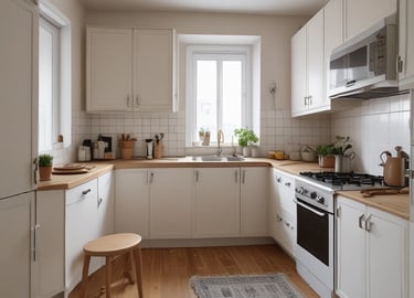 Modern renovated living room with warm wooden accents and soft lighting.