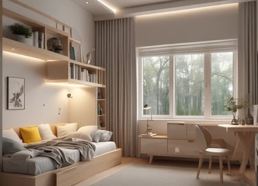 Modern renovated living room with warm wooden accents and soft lighting.