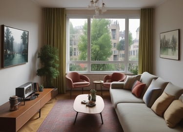 Modern renovated living room with warm wooden accents and soft lighting.