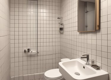 Modern renovated living room with warm wooden accents and soft lighting.