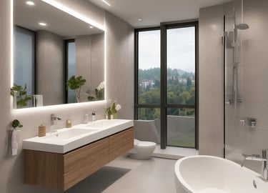 Modern renovated living room with warm wooden accents and soft lighting.