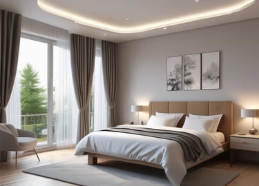 Modern renovated living room with warm wooden accents and soft lighting.