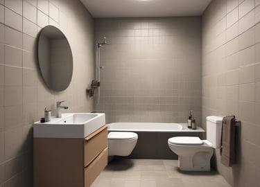 Modern renovated living room with warm wooden accents and soft lighting.