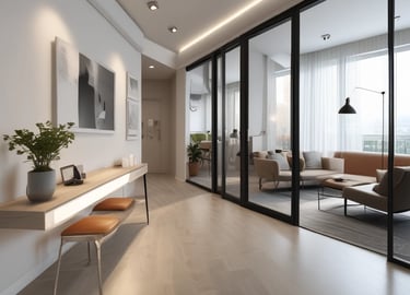 Modern renovated living room with warm wooden accents and soft lighting.