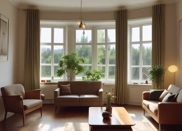 Modern renovated living room with warm wooden accents and soft lighting.
