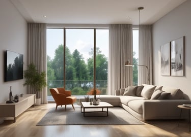 Modern renovated living room with warm wooden accents and soft lighting.