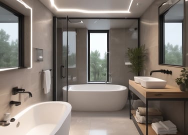 Modern renovated living room with warm wooden accents and soft lighting.