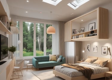 Modern renovated living room with warm wooden accents and soft lighting.