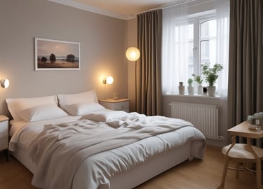 Modern renovated living room with warm wooden accents and soft lighting.