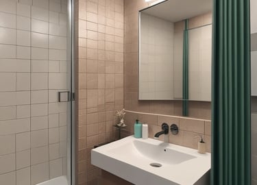 Modern renovated living room with warm wooden accents and soft lighting.