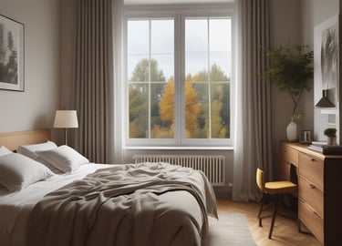 Modern renovated living room with warm wooden accents and soft lighting.