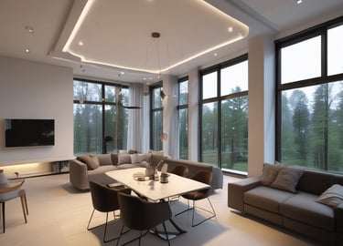 Modern renovated living room with warm wooden accents and soft lighting.