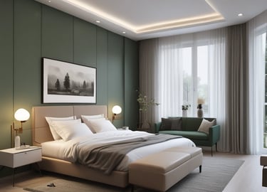 Modern renovated living room with warm wooden accents and soft lighting.