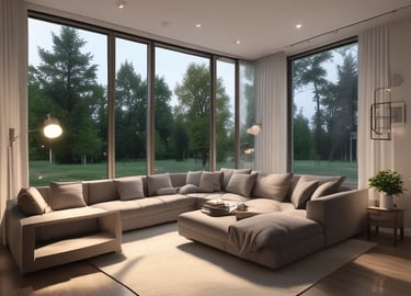 Modern renovated living room with warm wooden accents and soft lighting.