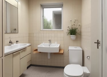 Modern renovated living room with warm wooden accents and soft lighting.