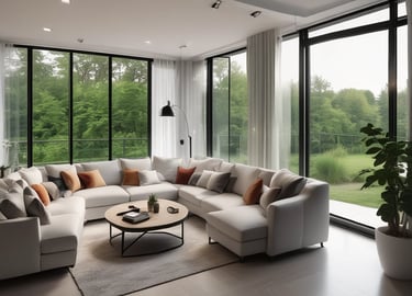 Modern renovated living room with warm wooden accents and soft lighting.