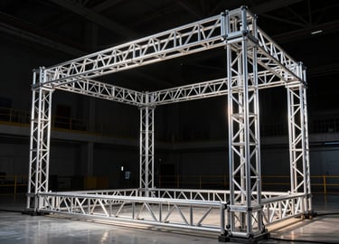 Pristine heavy-duty aluminum trussing and stage structure assembled in a large venue, dramatic backlighting, dark atmosphere, technical precision.