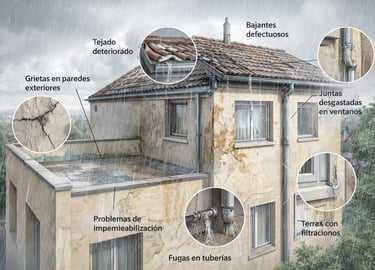 Causas de la humedad por filtración en edificio con grietas, terraza y tuberías