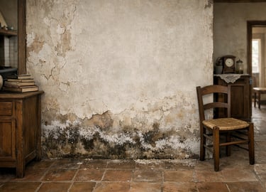 Casa antigua con pared afectada por humedad por capilaridad