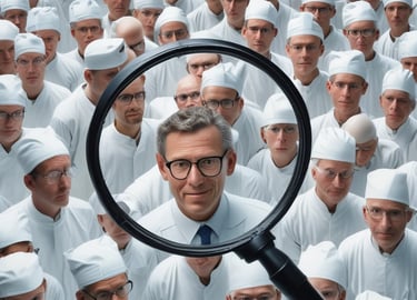 A friendly senior woman using a tablet to search for surgeons on a clean, blue-toned healthcare website.