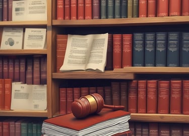 A close-up of a vintage law book with a gavel resting on top, set against a dark wooden background.