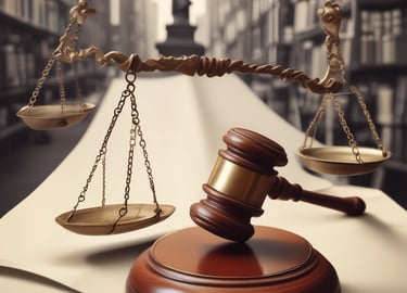 A close-up of a vintage law book with a gavel resting on top, set against a dark wooden background.