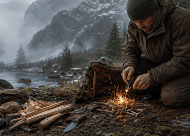 A man uses a ferro rod to start a campfire in a foggy mountain wilderness landscape.