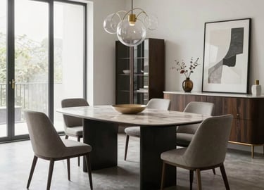 Sophisticated kitchen and living room with custom furniture, warm lighting, and premium finishes.