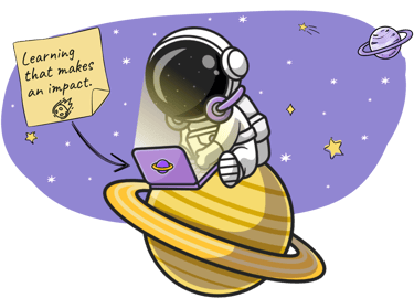 Cute astronaut sits on Saturn, using his laptop. A note reads, "Learning that makes an impact."
