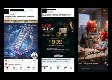 Collage of social media mobile ads including AI strategy diagrams and UAE residency visa services.