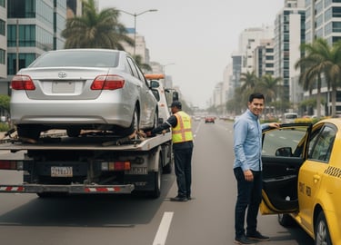 un hombre subiendo a un taxi despues de enviar su auto en una grua solucionando su problema
