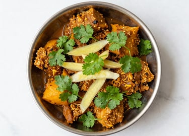 Bright top-down flat-lay of macro-balanced Pakistani handi dish, fresh coriander, ginger juliennes, clean white marble background, crisp details, 50mm lens