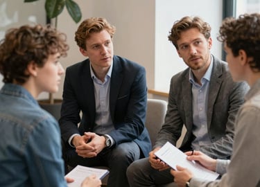 Professional business meeting with diverse professionals discussing relocation plans.