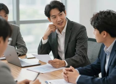 Professional business meeting with diverse professionals discussing relocation plans.