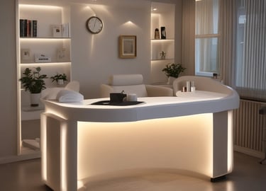A serene spa room with soft lighting, cozy massage table, and nail polish display in the background.