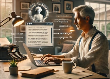 Biographer using AI writing tools on his laptop
