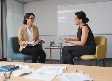 A group of people is engaged in a training session in a conference room setting. A presenter is standing and holding a sheet of paper, addressing the group seated at a round table. The attendees are actively listening, and there's a banner in the background advertising UX training. The room is well-lit, with a flipchart visible at one side.