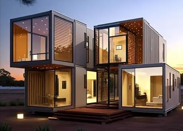 two story container House at night with lights on