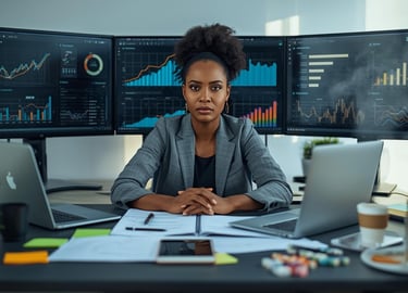 Entrepreneur preparing a product launch, focused on analytics dashboards at a modern, sunlit desk.