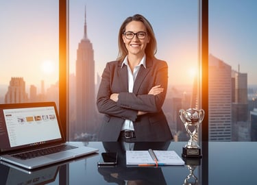Confident professional with digital learning resources in modern office setting