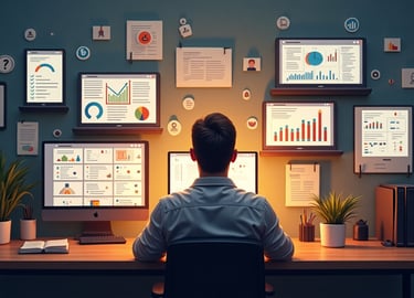 a man sitting at a desk with a computer monitor displaying dashboard, checkout, sales page etc