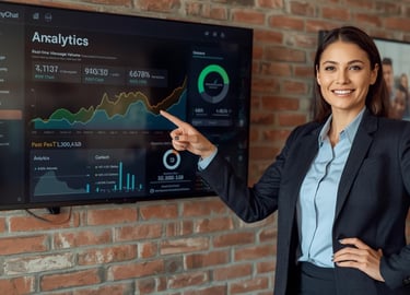 Business owner viewing ManyChat analytics dashboard with growth metrics