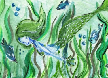 a mermaid green fish watercolour painting 
