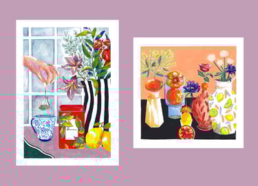 two paintings of flowers and fruit in a vase