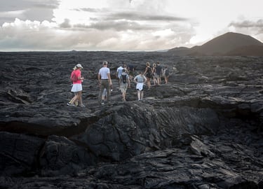 Hiking across volcanic lava fields in the Galapagos Islands